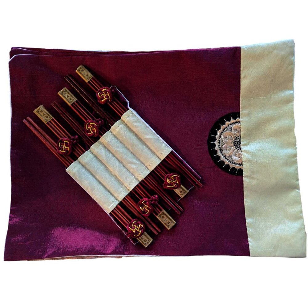 Asian Table Decor 6 Burgundy Silk Placemats Matching Chopsticks New